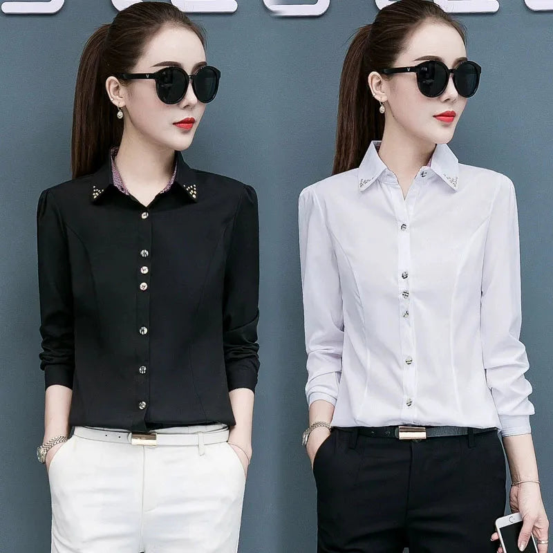 Tailored Slim-Fit Button-Down Blouse with Metallic Collar Accents