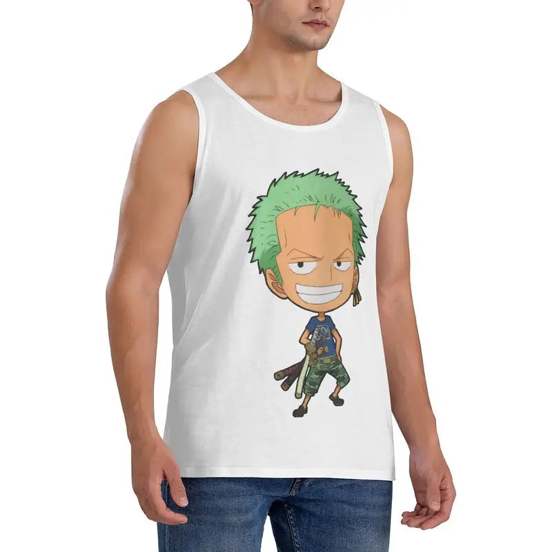 Kawaii Anime-Inspired Cotton Sleeveless Tank Top with Chibi Adventure Character Graphic Design