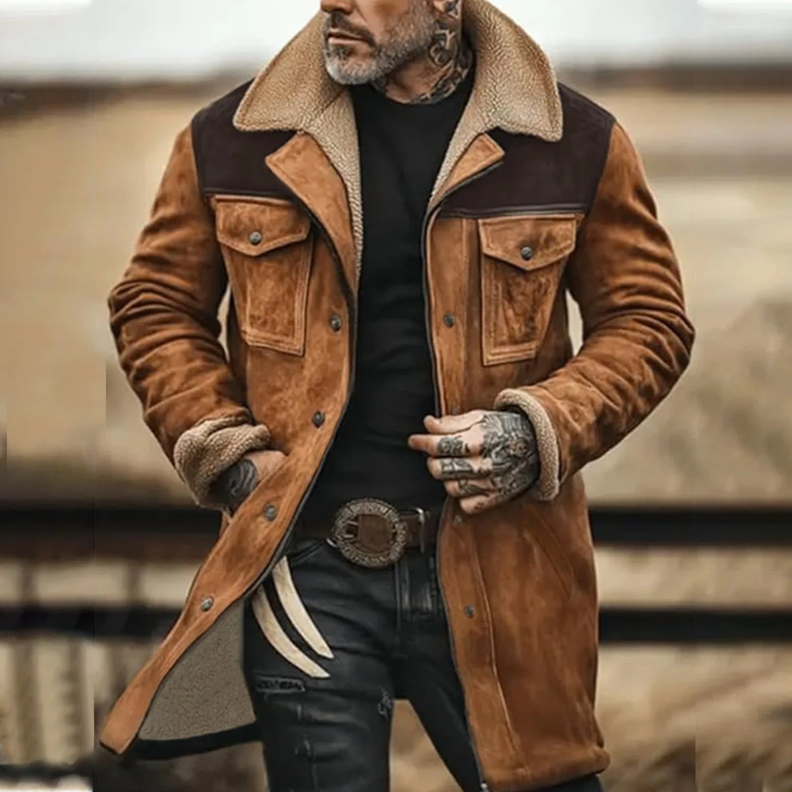 Men's Vintage Faux Suede Utility Jacket with Sherpa Collar and Multi Pocket Design
