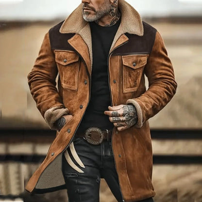 Men's Vintage Faux Suede Utility Jacket with Sherpa Collar and Multi Pocket Design