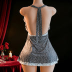 Plunging Halter-Neck Animal Print Mini Dress with White Scalloped Lace