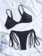 Chocolate Brown Triangle Bikini Set with Multi-String Details and Gold-Tone Rings