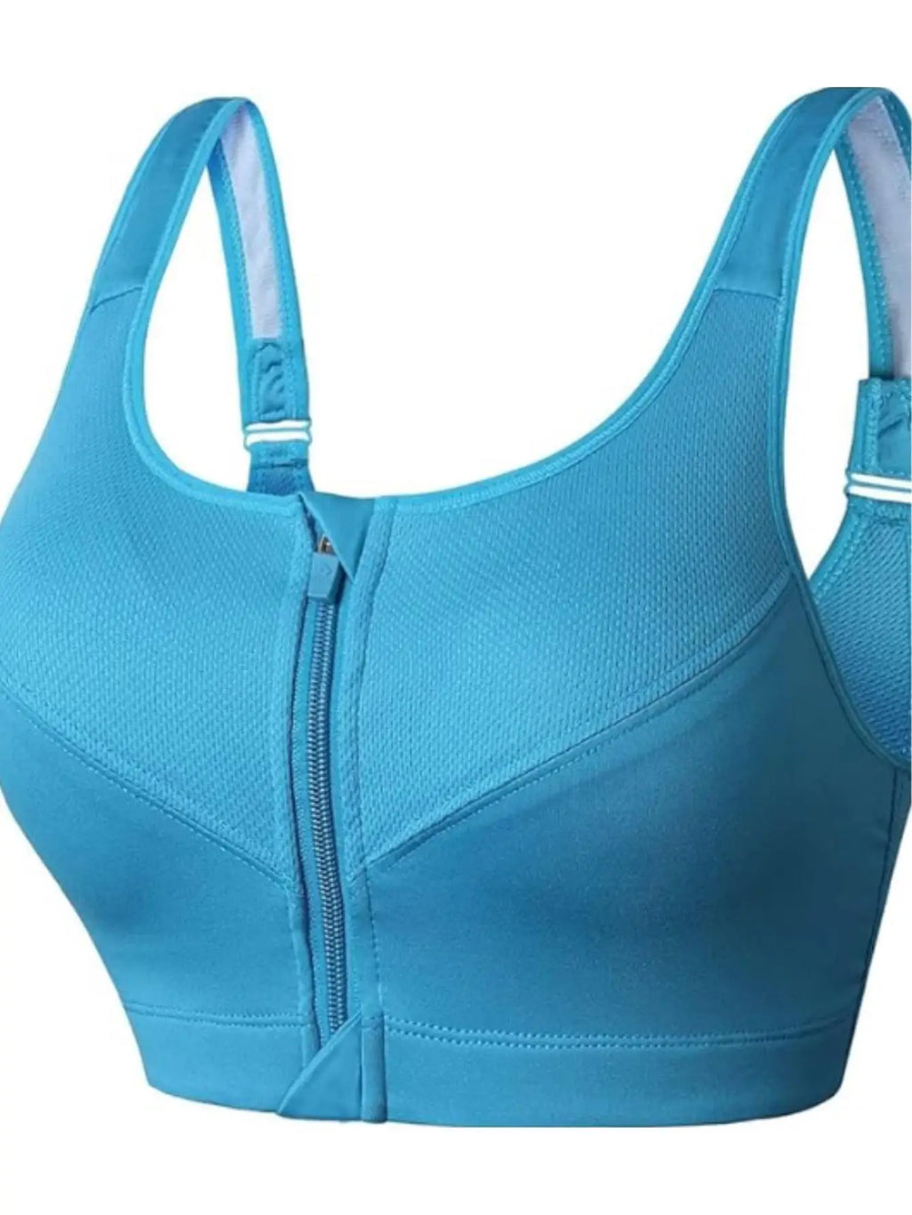 Vibrant Blue Zip-Front Sports Bra with Thick Shoulder Straps and Scoop Neck