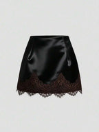 Satin Lace Trim Mini Skirt with Sleek Fitted Contemporary Silhouette