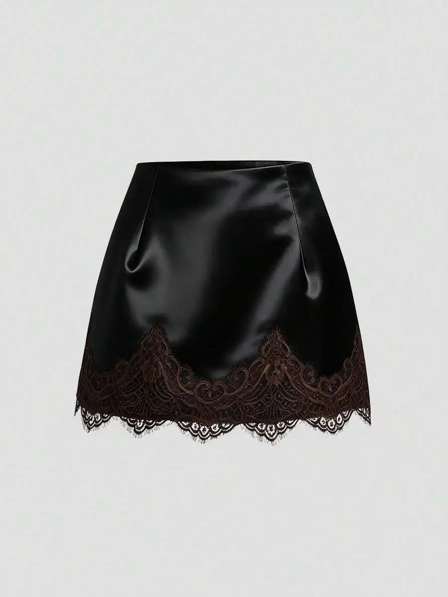 Satin Lace Trim Mini Skirt with Sleek Fitted Contemporary Silhouette