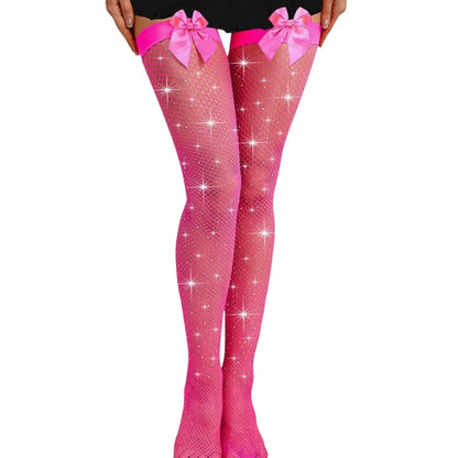 Sparkle Mesh Thigh High Stockings with Decorative Bow Detail for Statement Fashion Styling