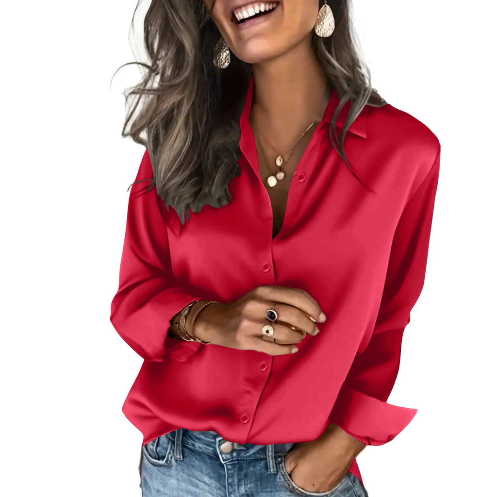 Classic Solid Black Satin-Finish Button-Down Blouse with Straight Silhouette
