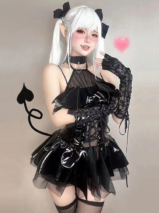 Gothic Vinyl Corset Mini Dress with Layered Alternative Fashion Silhouette