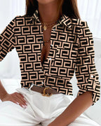 Vibrant Abstract Print Button-Down Blouse with Roll-Tab Sleeves
