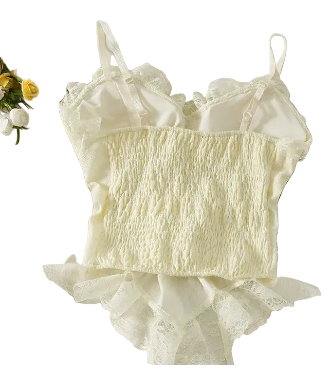 Lace Trim Corset Cami Top with Structured Bodice and Adjustable Straps
