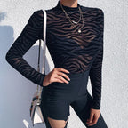 Sheer Zebra Pattern Mesh Long Sleeve Mock Neck Alternative Bodysuit