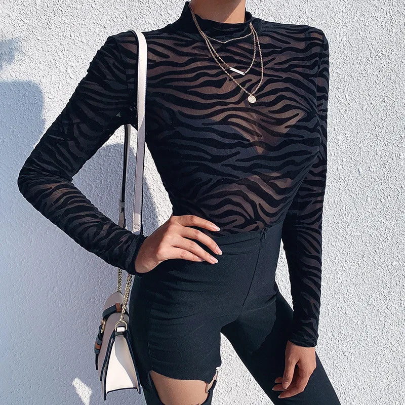 Sheer Zebra Pattern Mesh Long Sleeve Mock Neck Alternative Bodysuit