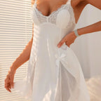 Romantic Pure White Sheer Babydoll with Lace Bodice and Bow-Accented Side Slits