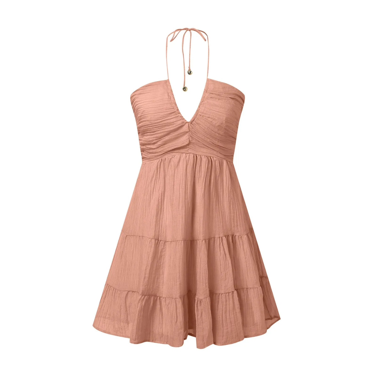 Soft Peach Tiered Ruffle Mini Dress with Halter Tie Neckline