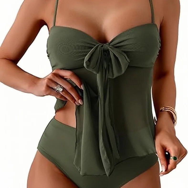 Earthy Brown Chiffon Bow Tankini Set with High-Waisted Bottoms
