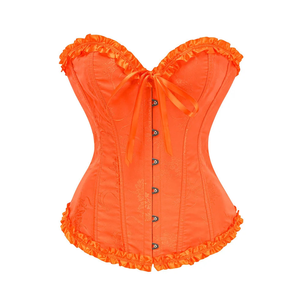 Jacquard Overbust Corset with Ruffled Trim, Structured Boning and Lace-Up Back