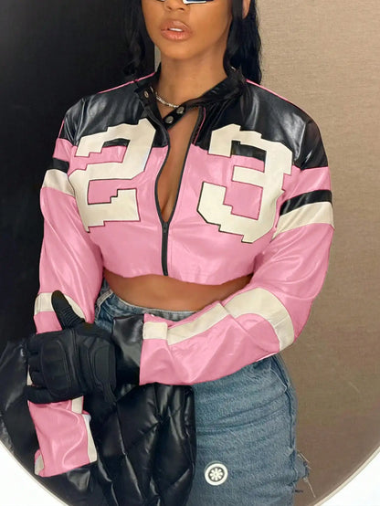 Cropped Faux Leather Varsity Style Zip Jacket with Statement Streetwear Design