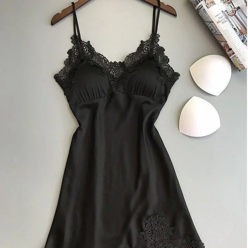 Elegant Smooth Knit Slip Dress with Lace Neckline and Removable Padding