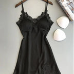 Elegant Smooth Knit Slip Dress with Lace Neckline and Removable Padding