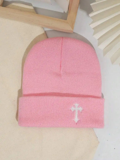 Minimalist Embroidered Cross Acrylic Knit Beanie for Modern Streetwear Winter Casual Fashion Style
