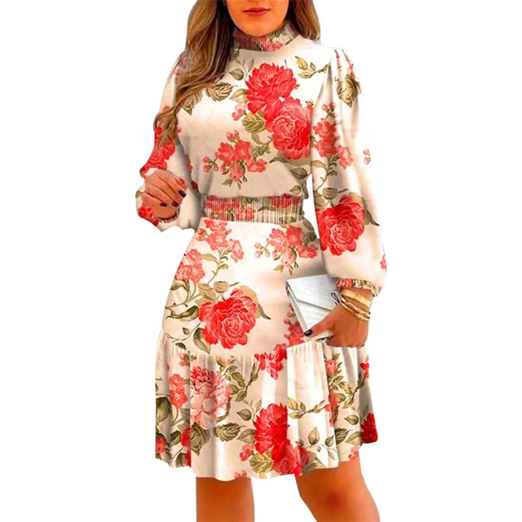 Long-Sleeve Floral Midi Dress with Mock Neckline and Gathered Cuffs