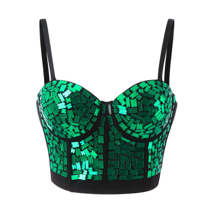 Mirror Sequin Bustier Corset Top with Structured Cups and Adjustable Straps