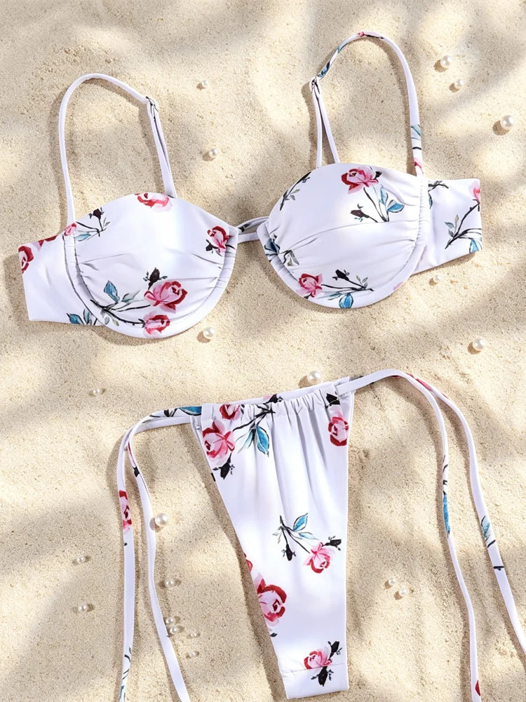 White Floral Print Underwire Bikini Set with Matching Ruffled Sarong Skirt