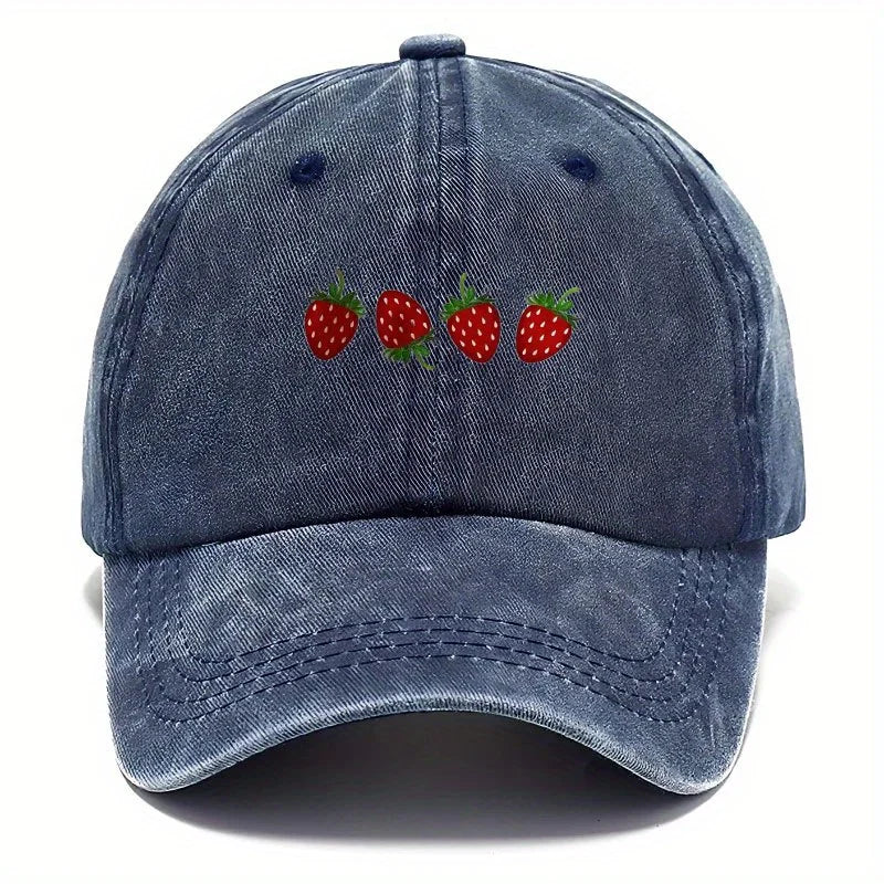 Vintage Washed Baseball Cap Embroidered Fruit Detail Curved Brim Casual Streetwear Hat