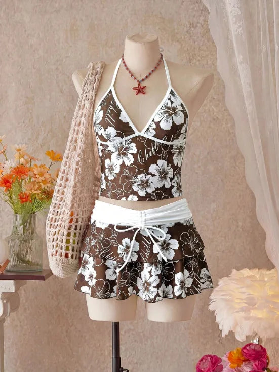 Light Blue Floral Halter Tankini Set with Tiered Ruffle Skirt