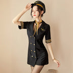 Elegant Black and Gold Flight Attendant Mini Dress with Coordinated Aviation Hat