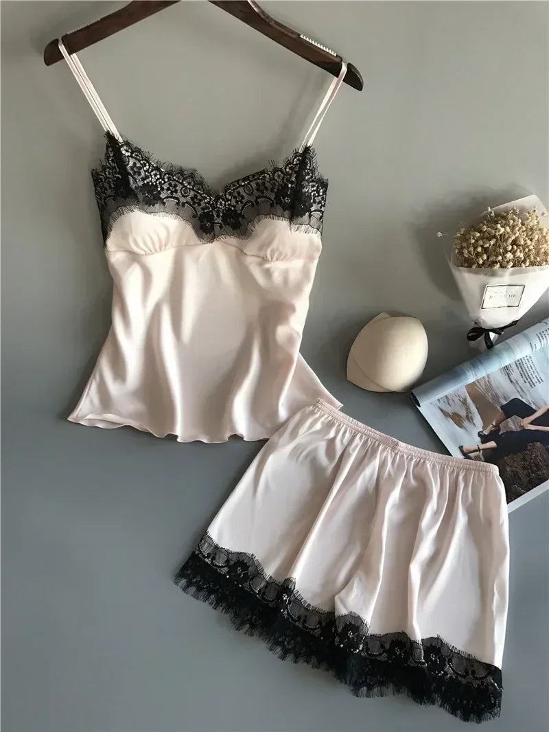 Women's Lace-Trim Satin-Look Pajama Set with V-Neck Camisole Top and Matching Shorts, Sleeveless Two-Piece Nightwear