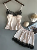 Women's Lace-Trim Satin-Look Pajama Set with V-Neck Camisole Top and Matching Shorts, Sleeveless Two-Piece Nightwear