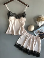 Women's Lace-Trim Satin-Look Pajama Set with V-Neck Camisole Top and Matching Shorts, Sleeveless Two-Piece Nightwear