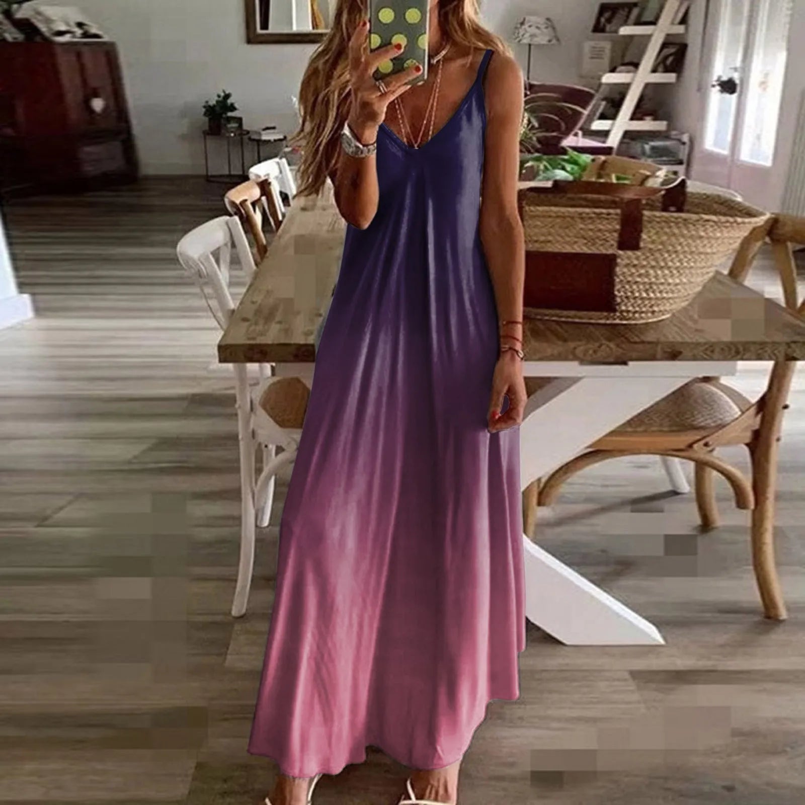 Gradient Print Spaghetti Strap Maxi Dress with Relaxed Boho Silhouette