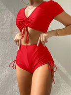 Brown High-Waisted Two-Piece Swim Set with Ruched Short-Sleeve Top