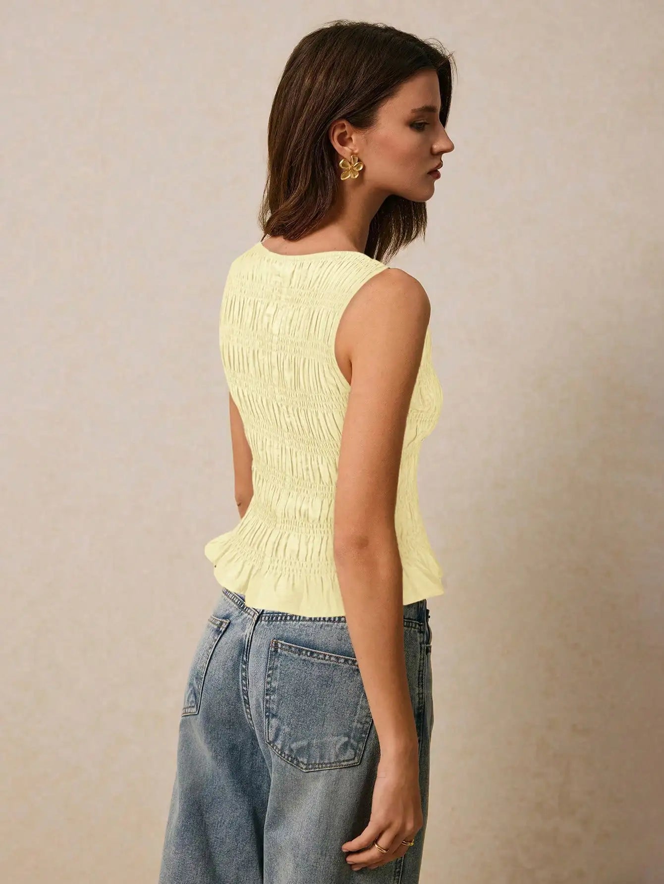 Smocked Sleeveless Tank Top with Ruffle Hem Casual Summer Everyday Style