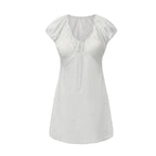 Elegant Silvery Satin-Finish Lounge Dress with Short Puff Sleeves and Tie-Front Bodice