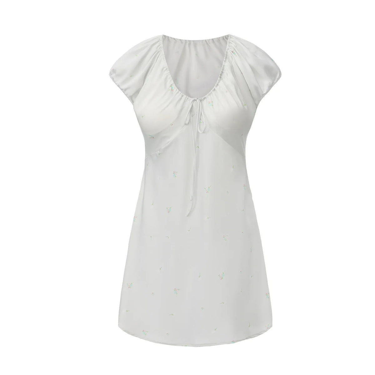 Elegant Silvery Satin-Finish Lounge Dress with Short Puff Sleeves and Tie-Front Bodice