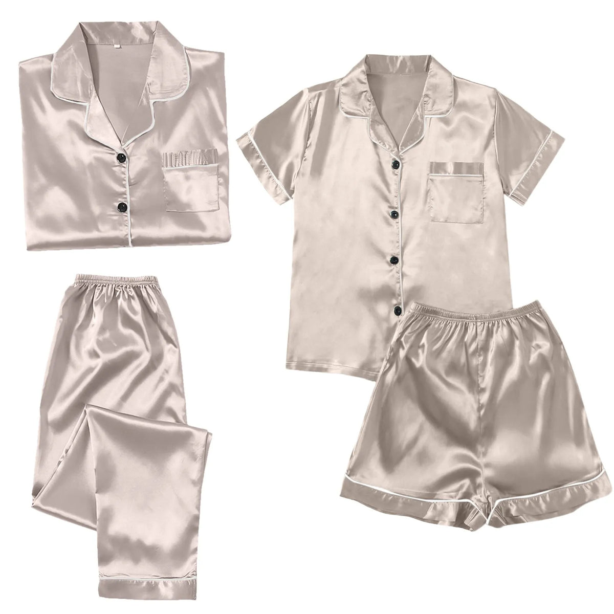 Women's 4-Piece Satin-Look Pajama Set, Short- and Long-Sleeve Tops with Matching Pants and Shorts, Soft Coordinated Loungewear