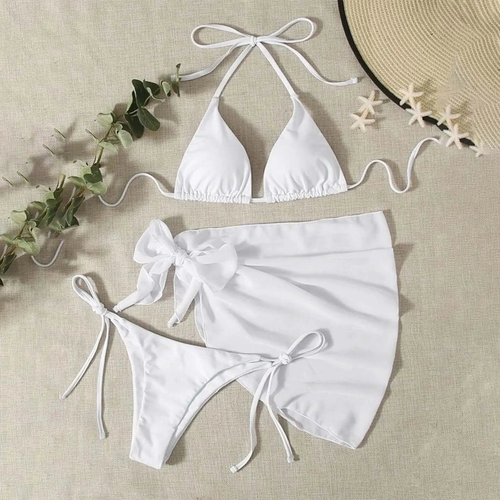 Navy Blue Three-Piece Triangle Bikini Set with Lace-Up Halter Top, Matching Bottom and Coordinated Wrap Skirt