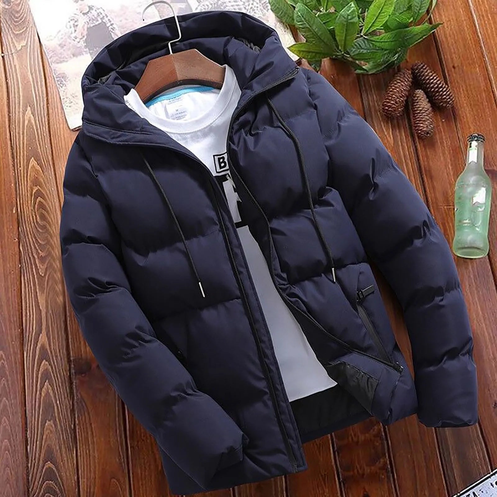 Men's Hooded Quilted Puffer Jacket with Relaxed Fit for Everyday Winter Streetwear