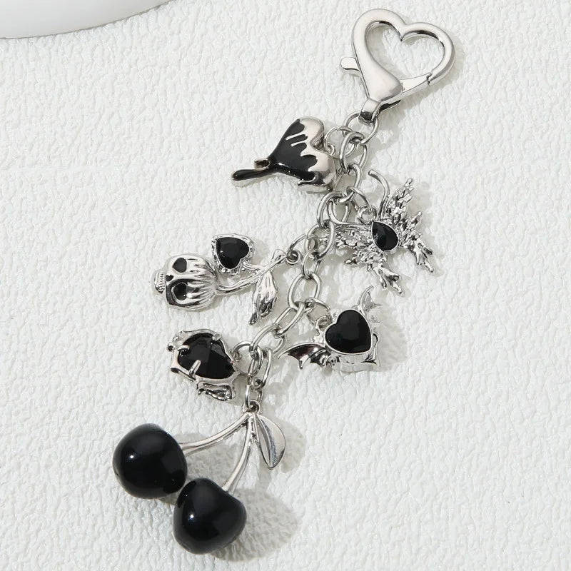 Neo Gothic Charm Keychain with Heart Cherry and Butterfly Accents