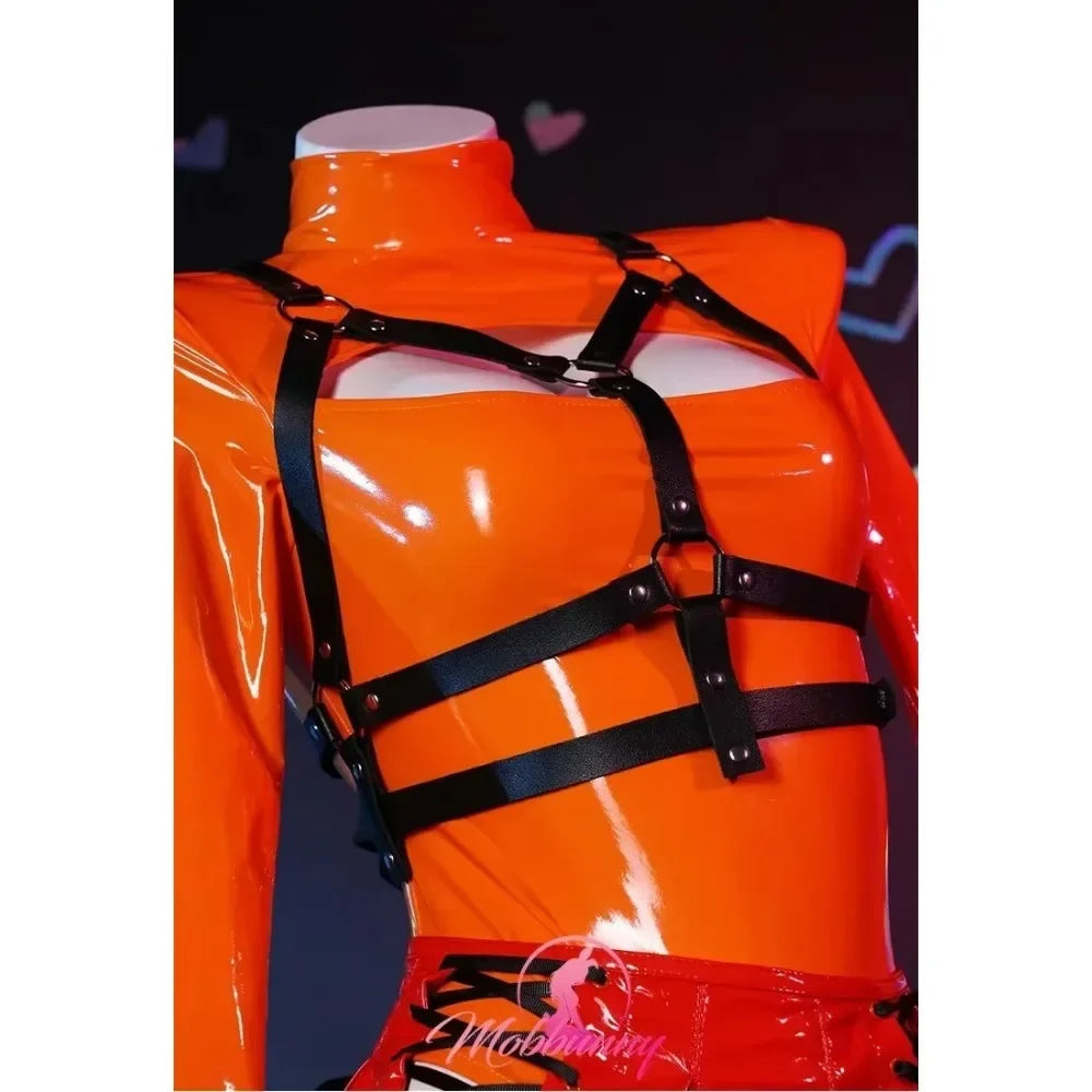 Women's Zip Front Bodysuit Set with Lace-Up Mini Skirt, Harness Belt and Matching Socks