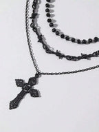 Layered Cross Pendant Necklace Set for Gothic Punk and Alternative Streetwear Fashion Styling