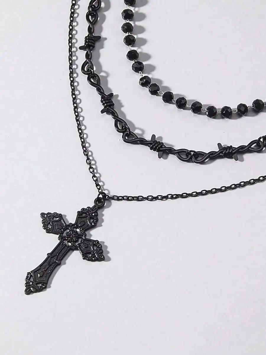 Layered Cross Pendant Necklace Set for Gothic Punk and Alternative Streetwear Fashion Styling
