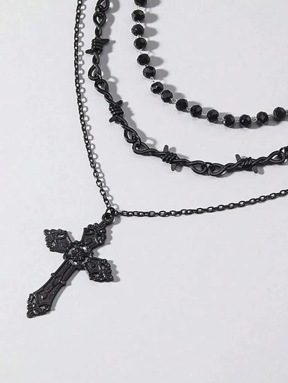 Layered Cross Pendant Necklace Set for Gothic Punk and Alternative Streetwear Fashion Styling