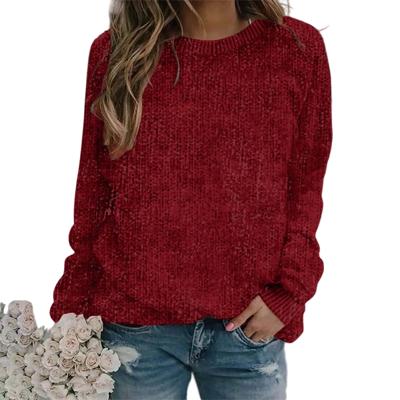 Women's Relaxed Fit Crew Neck Cozy Knit Everyday Sweater Pullover