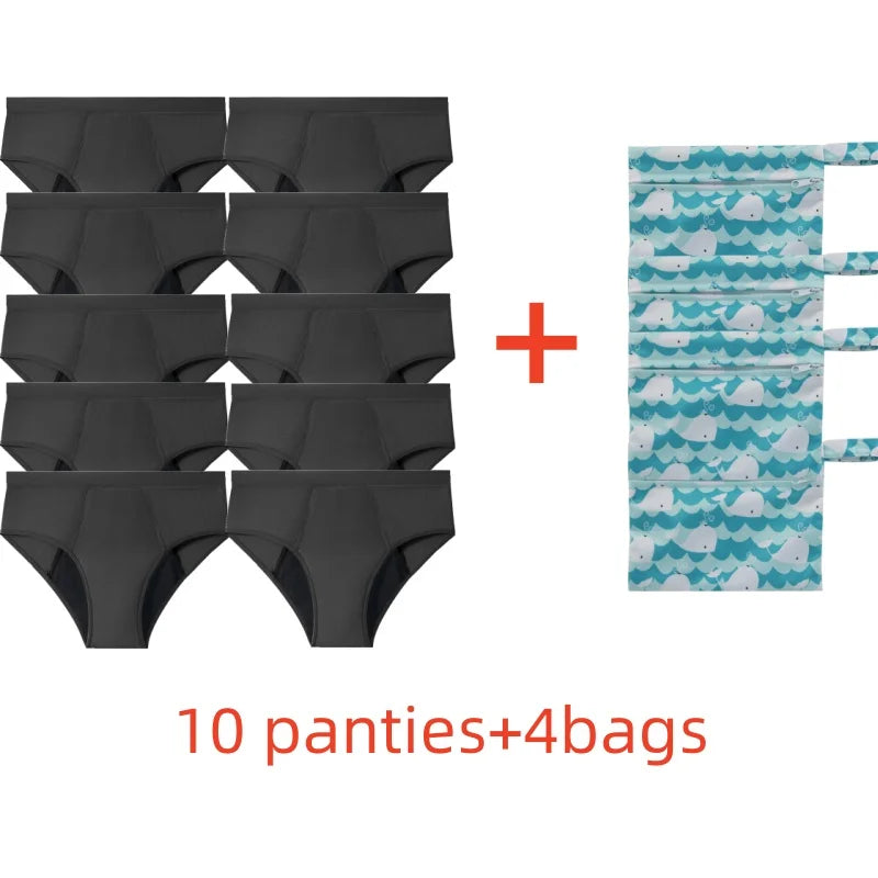 Five-Piece Solid Black Menstrual Brief Set with Two Printed Travel Bags