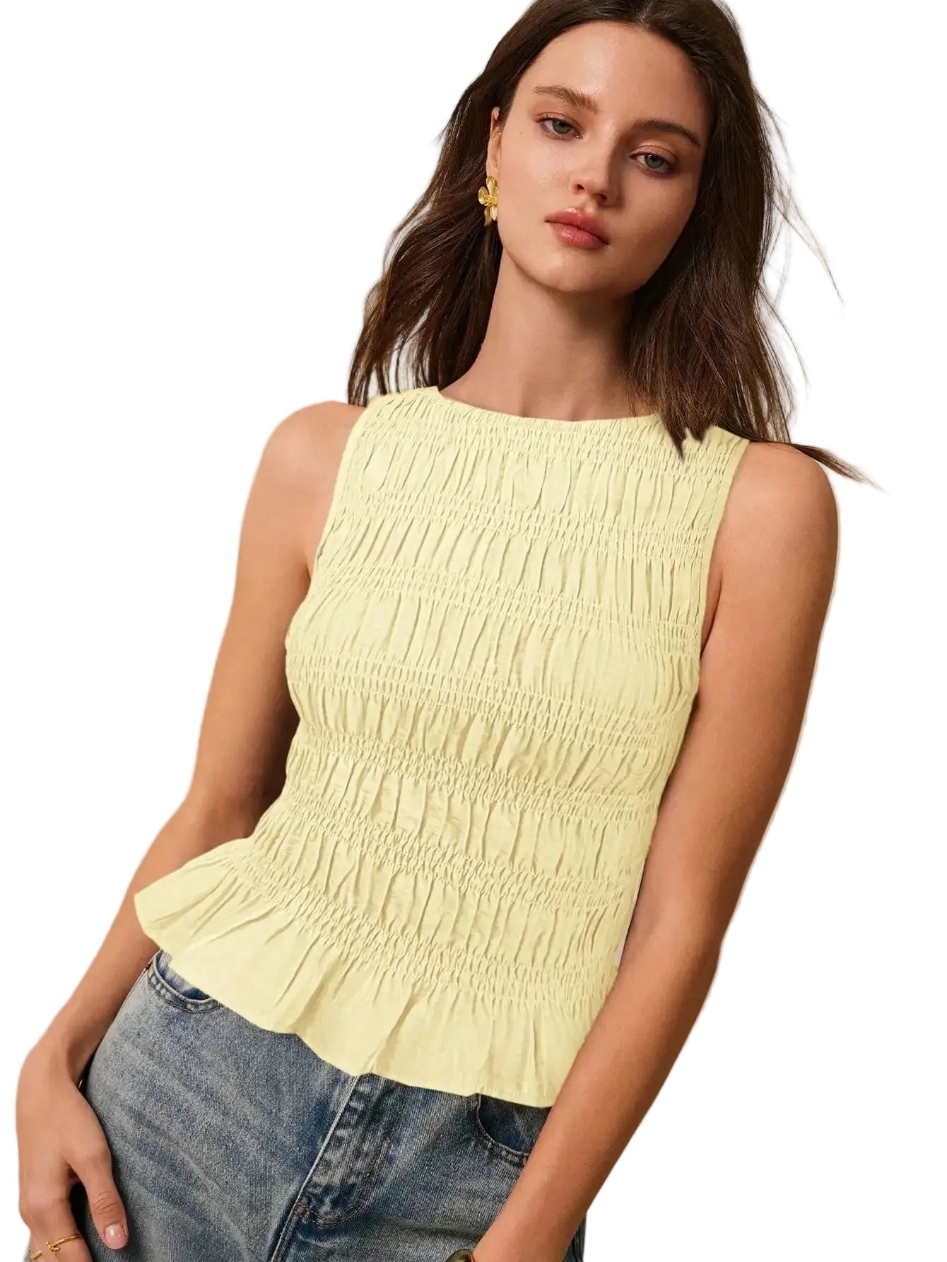 Smocked Sleeveless Tank Top with Ruffle Hem Casual Summer Everyday Style