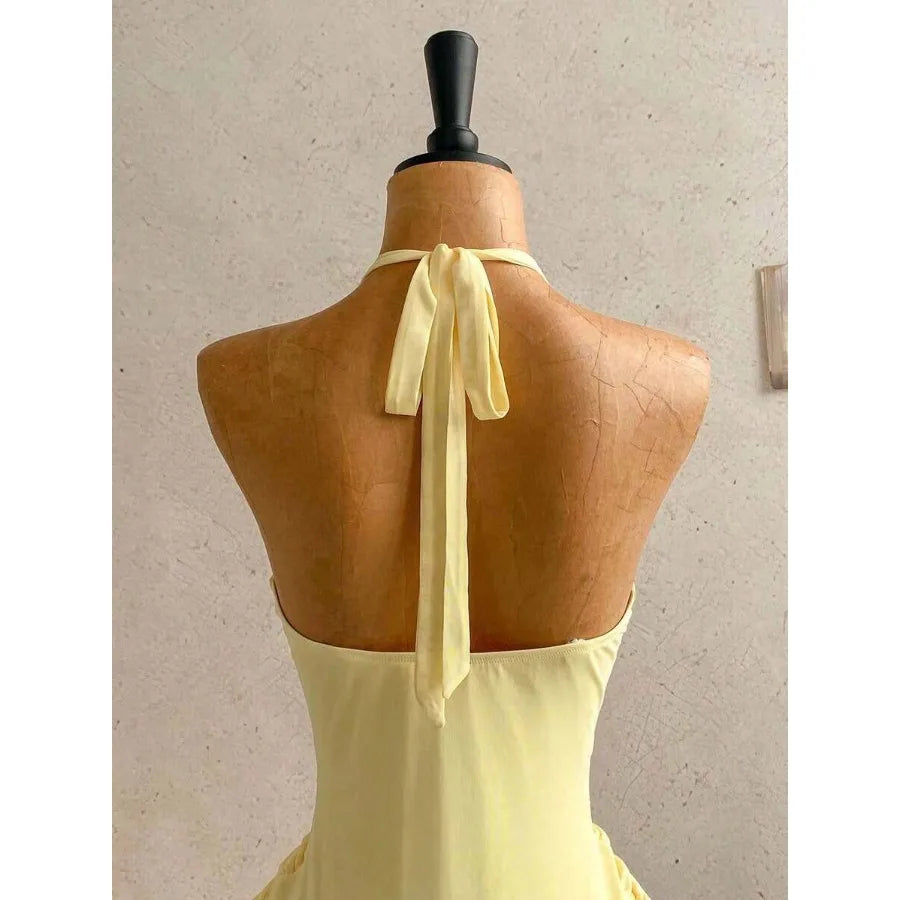 Ruched Halter Neck Mini Dress with Ribbon Tie Detail and Body Skimming Fit